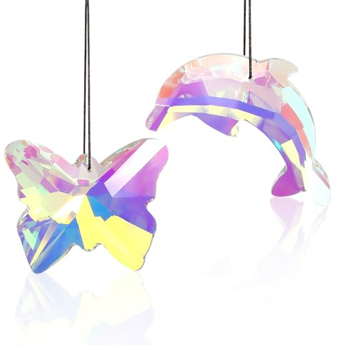 Kristall Regenbogen Sonnenfänger, 2 Stück Kristall Hänge Schmetterlings Delphin Prisma Sonnenfänger, Hängender Sonnenfänger Für Fenster Kristall Anhänger Deko Für Garten Zuhause