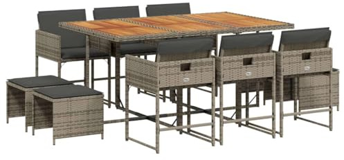 vidaXL Garten Essgruppe 11-TLG., Gartenmöbel Set Tisch mit 6 Stühle 4 Hocker, Gartengarnitur mit Kissen, Sitzgruppe Essgarnitur Terrasse, Grau Poly Rattan