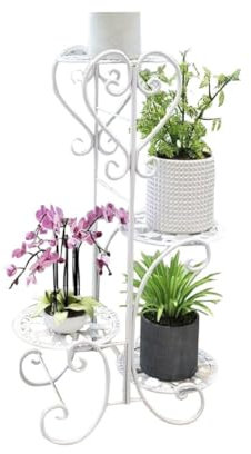 Support de pot vintage en métal avec 4 étagères - Échelle de fleurs blanches pour plantes d'intérieur - Terrasse, Hall - Support de plantes grimpantes - Décoration d'intérieur élégante pour porche ou