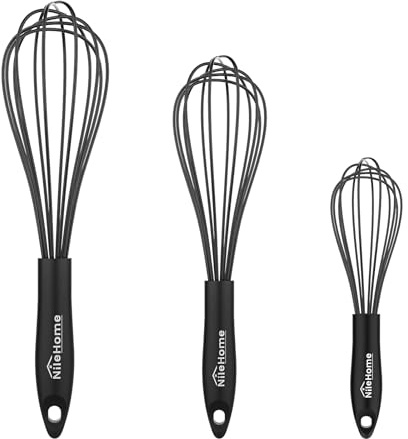 NileHome Upgrade Silicone Whisk Set 8 10 12 Kitchen Whisk Kitchen Wisk Wire Whisks for Cooking, Whisking, Blending, Beating, Stirring-Black