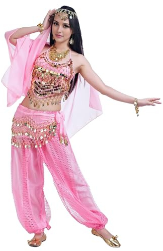 Baisdan Damen Bauchtanz Kostüm Oberteil Haremshose Hüftschal Kopftuch Set Karneval Halloween Professionelles Outfit Rosa
