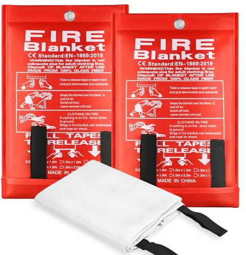 Löschdecke Küche, 1m x 1m Glasfaser Feuerlöschdecke, Flammschutzmittel und Wärmedämmung, Brandschutzdecke Notfall für Fettbrände Auto Schule Kamin Grill Büro Schweißen Camping (2 Pack)