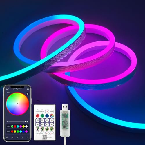 iNextStation Neon LED Strip Light 2m, 5V USB RGBIC Neon Rope Light with Remote Bluetooth APP Control, Colour Changing, Music Sync, for Bedroom Kitchen Christmas Birthday Party Indoor Outdoor Decor