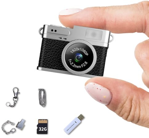 LKT 1080P Mini Keychain Camera with 32GB Card & OTG Adapter, Portable Pocket Digital Camera with Retro Filters & Screen, Tiny HD Camcorder for Phone Transfer, Travel, Kids, and Gifts