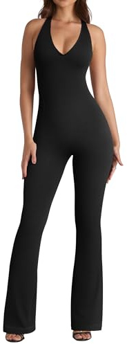 OQQ Jumpsuits for Women Fall Winter Halterneck Sleeveless Lace-Trim Flared Jumpsuit Black