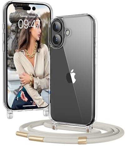 OLEPHY Handykette für iPhone 17 Hülle mit Band, Beige | Necklace Handyhülle, Transparente Schutzhülle zum Umhängen [Verstellbarem und Demontage Umhängeband],
