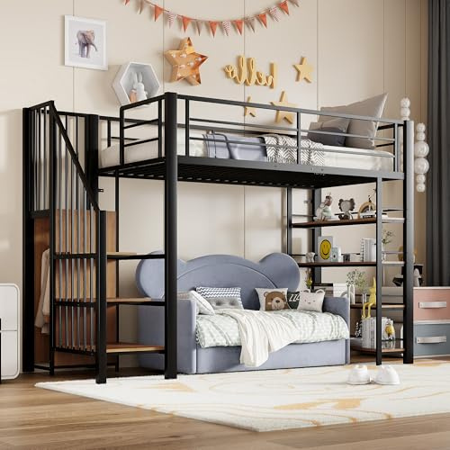 Cama Alta de 90x200 cm con Escalera de Seguridad Espacio de Almacenamiento Armario pequeño estantes Bed Individual para Adultos Adolescentes Camas de Invitados Estructura Metal sin colchón Negro