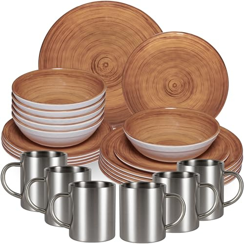 Melamin Geschirr Set Braun für 6 Personen 24 Teile Edelstahl Thermo Tassen