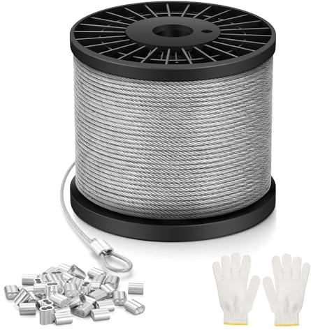 NZNSML Wire Rope Stainless Steel 1.5 mm, 100 M Wire Cable Heavy Duty | 7x7 Strand Core Garden Hanging Cable with Aluminum Crimping Clamps Loop Sleeve for Hanging Pictures Clothes Line Garden