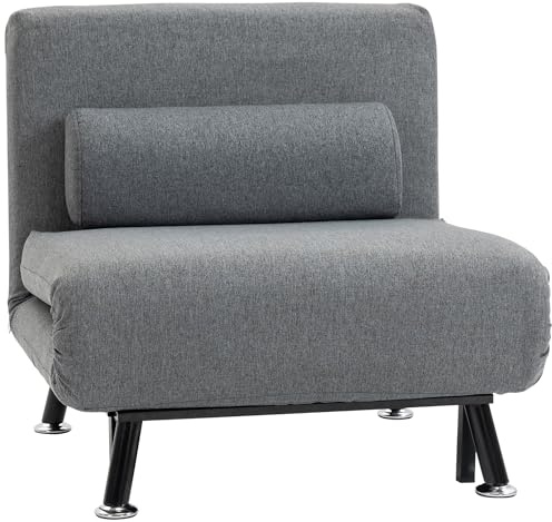 HOMCOM Poltrona Letto Singolo 3 in 1 con Schienale Reclinabile su 5 Livelli, Cuscino Imbottito e Materasso, Divano Letto Singolo Pieghevole per Soggiorno, in Acciaio, Lino, 75x70x75cm, Grigio Scuro