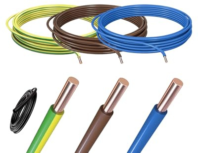 HuLuWa H05V-U 0,75mm² Kit 3 Coloris, 3 x 10m | Fil rigide cuivre monobrin isolé PVC, bleu, brun et vert-jaune, avec gaines incluses
