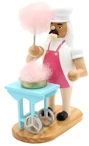 Dekohelden24 Holz Räuchermann, Räucherfigur, Rauchfigur, Räuchermännchen als Zuckerwatteverkäufer mit Zuckerwattewagen, L/B/H 15 x 10 x 19 cm.