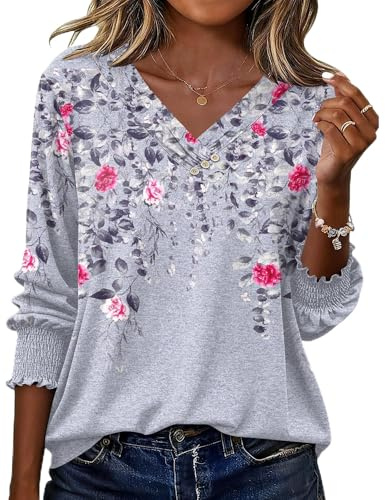 Rapbin Womens Tops 3/4 Sleeve Summer T Shirts V Neck Elegant Floaty Floral Printed Tunic Blouse with Buttons Decor Grey Floral L