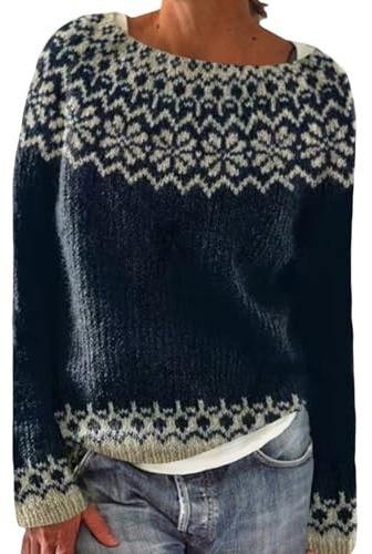 Generisk vinter norsk tröja för kvinnor långärmad elegant stickad tröja varm bomull vintertröja vintage etniskt mönster stickad tröja långärmad tröja casual grovstickad tröja damer, 32 marin, L