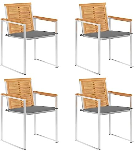 Uppsättning av 4 massiva teak-trädgårdsstolar med kuddar – och bekväm utomhuspäls för uteplats, rostbeständigt rostfritt stål e