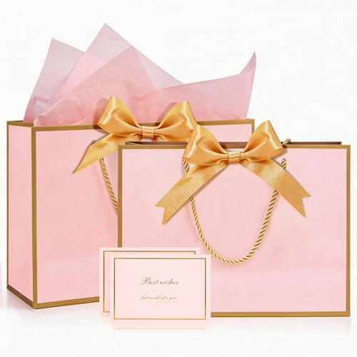 Set de bolsas de regalo rosas medianas, 2 bolsas de papel con 4 papeles de seda y 2 tarjetas de felicitación, para cumpleaños de niñas, bodas, despedidas de soltera, San Valentín, envoltorios de