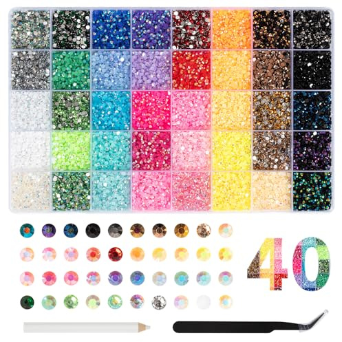 Kit de 32 000 strass, 40 couleurs, dos plat de 3 mm, comprenant une pince et un stylo, pour la création de bijoux, les ongles, les textiles, les jeans, le maquillage artistique et la peinture diamant.
