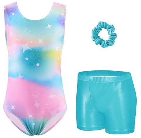 Arshiner Maillot Gimnasia Ritmica Niña Conjunto de Gimnasia Tres Piezas sin Mangas para Verano Entrenamiento Moderno Conjunto de Body y Pantalón Corto Maillot Ballet Niña Arcoíris 9-10 Años