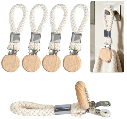 Wooledy 5 Pack Hanging Metal Tea Towels Clip with Braided Cotton Loop | Tea Towel Holders with Beech Wood Round Heads for Home Kitchen Bathroom Cupboards Cloth Hanger Holder Brackets