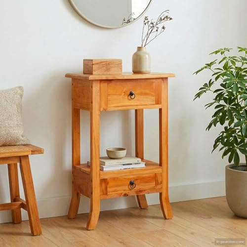 Kaloriko Konsolentisch Natur Massives Mahagoni Holz 50,5 x 30 x 75,5 cm mit 2 Schubladen, platzsparend für Flur Diele Wohnzimmer Schlafzimmer, vielseitige Ablage und Stauraum im Vintage Design
