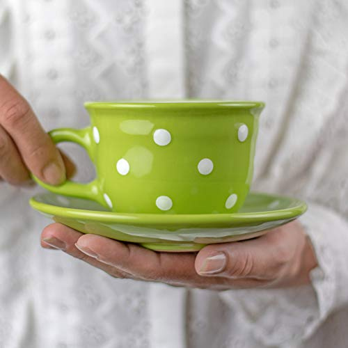 City to Cottage® Tazza con Piattino Verde Lime e Bianco | Fantasia con Puntini a Pois | Realizzata e Dipinta a Mano | Ceramica da 250ml | Tazzina da Caffè, Cappuccino e Tè con Piattino | Regalo