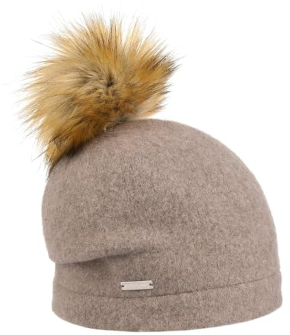 Seeberger Tamisa Pompon Walkmütze mit Bommel Mütze Wintermütze Wollmütze Long Beanie Bommelmütze (One Size - Dunkelbeige)