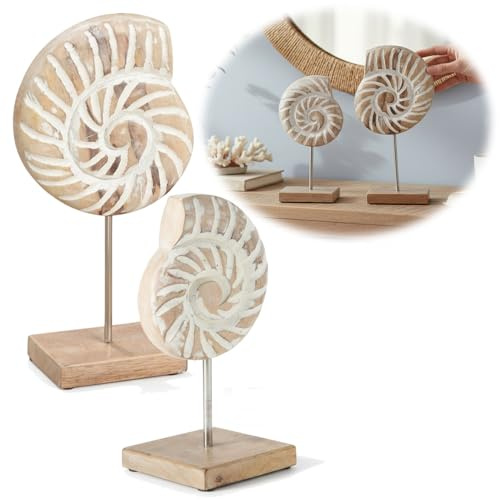 LS-LebenStil XL Deko Objekt Muscheln Sylt Set 26/32cm 2-Fach Grau Weiß | Mango Holz, Aufsteller Sockel Säule Ständer, Maritim Skulptur Figur, Meer Strand Nordsee, Bad Wohnzimmer