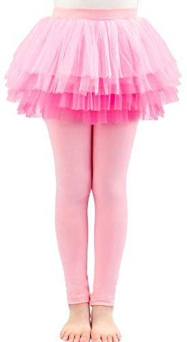 Auranso Girls Footless Leggings Pants with Lace Ruffle Tutu Skirt J-Pink 5-6 Years