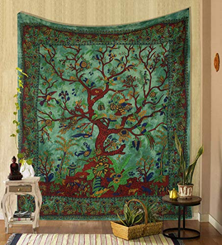 THE ART BOX Tapestry Green Tree of Life Wall Hanging – Indian Cotton Full Size Bedspread, Picnic Sheet, Wall Decor, Blanket, Wall Art for Bedroom (Full, 85x90 Inch)