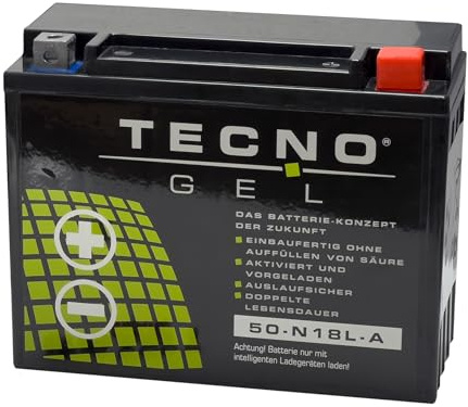 TECNO-GEL Motorrad Qualitäts Batterie Y50-N18L-A für YAMAHA XV 1000 SE, TR1, Virago 1981-1988, 12V Gel-Batterie 20 Ah (DIN 52016), 205x90x160 mm