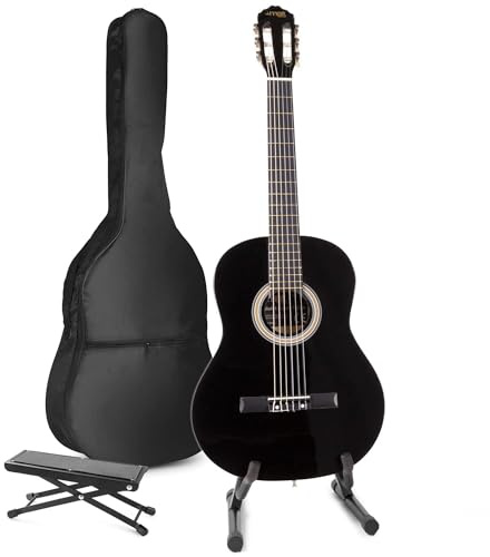 MAX SoloArt akustische Gitarre mit Tasche, Fußstütze und Gitarrrenständer, Stimmgerät, Plektrum, Gurt und Zubehör - Spanische Akustik-Gitarre für Anfänger, Konzertgitarre in Schwarz