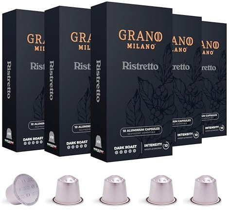 Grano Milano Ristretto Coffee Capsules - 50 Aluminium Coffee Pods Compatible with Nespresso Original line, Dark Roast - Intensity 10/12, Made in Italy
