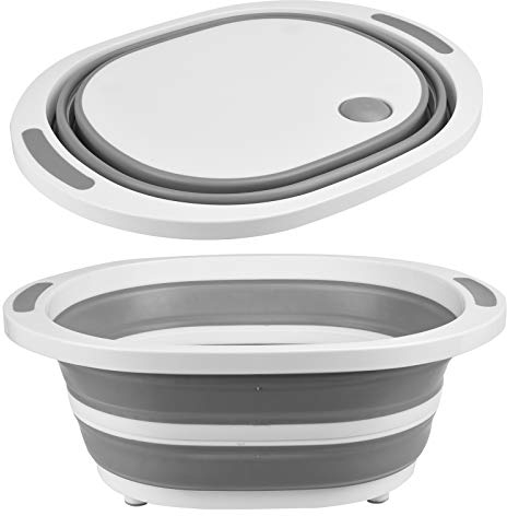 ASAB Collapsible Dish Oval Pans Chopping Board Portable Washing Basin Pan Foldable Strainer Wash and Drain Dish Tub Drainer Vegetables Fruits Salad 7L Grey