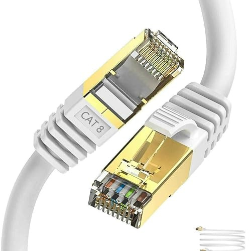 Reldor White CAT8 Ethernet Cable 15M, High-Speed 40Gbps SSTP Shielded Connector LAN Cable with Gold-Plated RJ45, Ultra High-Speed Network Patch Cable for Home Office, Gaming, Modem, Router, Xbox