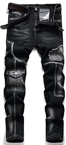 XIMXIMMTIAN Biker Jeans for Men,Slim Fit Stretch Distressed Denim Pants (38, 2130 Black)
