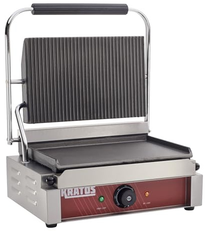 Kratos Commercial Electric Panini Sandwich Grill with Grooved Top and Smooth Bottom Plates, 14 x 9 Cooking Surface, Commercial Countertop Panini Press, 120V, 1750W (29Y-022)