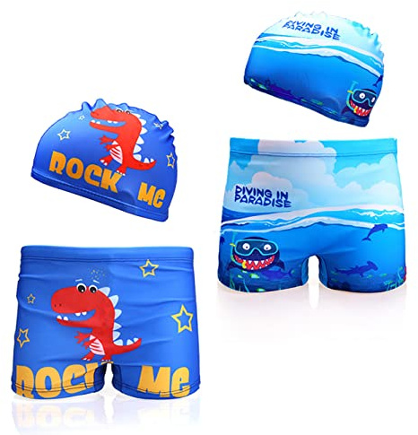 NautySaurs Lot de 2 maillots de bain pour garçon de 1 à 10 ans avec bonnet Motif dinosaure, Dinosaure et poisson plongeant, 2- 4 Ans