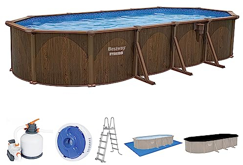 Bestway Hydrium Stahlwandpool Komplett-Set mit Sandfilteranlage Ø 490 x 130 cm, Holz-Optik (Palisander), rund