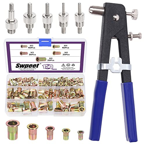Swpeet 151Pcs M3 M4 M5 M6 M8 Rivet Nut with 10.6Inch Hand Rivet Tool Nut Setter Assortment Kit, Heavy Duty Thread Blind Riveting Tools Hand Riveter Wrench Threaded Insert Rivnut Nutsert