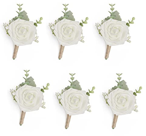ANNKIN Ivory Rose Boutonniere with Eucalyptus for Men, Set of 6, Wedding flower Boutonnieres with Pins for Groom and Best Man Wedding Ceremony Anniversary, Homecoming Prom Party (Timeless Ivory)