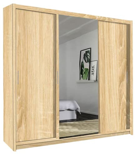 Ibaraki Modern 3 Door Stylish Sliding Mirror Wardrobe with Drawers and Hanging Rail (Oak)