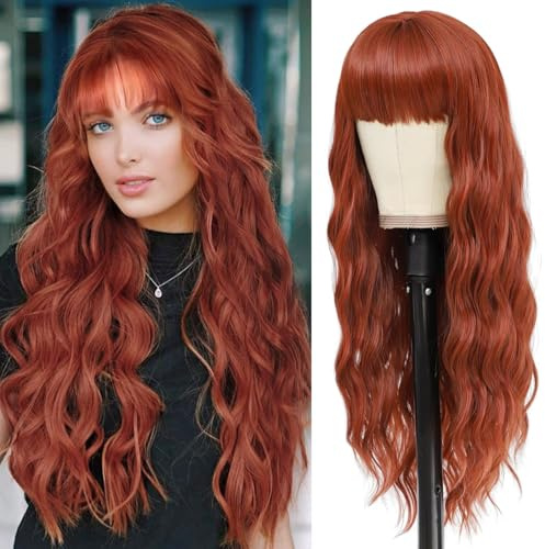 YEESHEDO Damen Perücke Lang Locken Perücken mit pony Für Frauen, Natürlich Rotbraun Haare Wig, Alltag Anime Cosplay Kostümparty Halloween Karneval,Auburn Wig 28 Inch