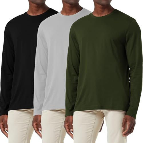 3 Pack Men's Cotton Shirt Loose Fit Long Sleeve T-Shirt Moisture Wicking Crew Neck Shirts Comfort Casual Base Layer Tops Black/Grey/Green-3P02-S