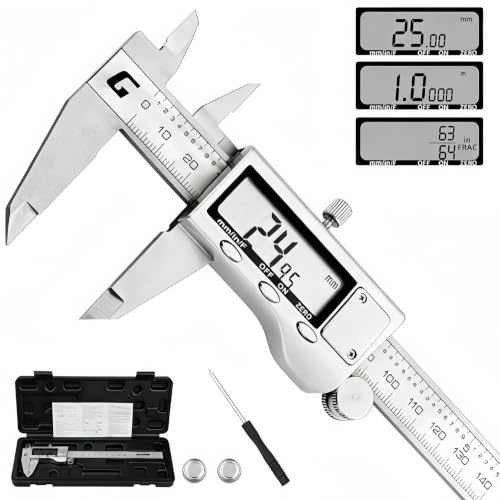 GRENPRO Digital Caliper Measuring Tool, 6 Inches Electronic Digital Vernier Caliper, All Metal Micrometer Vernier Caliper with Huge LED Screen for Woodworking Jewelry, Polished Silver