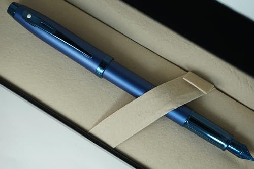 Sheaffer 100 Refillable Satin Blue Fountain Pen with PVD Blue Clip, Finial, and Sheaffer Signature Center band. Comes in Premium gift Box