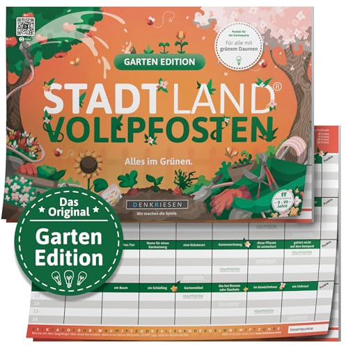 DENKRIESEN - Stadt Land VOLLPFOSTEN® - Garten Edition | DIN A4 Spielblock | Ab 9 Jahren | Stadt Land Fluss | Familienspiel | Perfekt für Gartenpartys | Gesellschaftsspiel für die ganze Familie