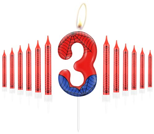 Personalisiertes Happy 3rd Birthday Kuchen Kerzen Set, Blau Rot Kerzen mit Spinnennetz, Spinne Nummer 3 Kerzen Kuchen Topper, Spinne Thema Party Kerzen für Jungen Mädchen 3. Geburtstag