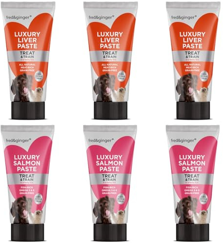 Liver Paste & Salmon Paste Tubes for Dogs and Cats 75g [Pack of 6] Grain Free, Hypoallergenic Luxury Liver Pate Ideal Training Aid, Medication Administering, Lick Matt