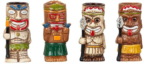 Tiki-Becher Set mit 4 Originell gestalteten Cocktail Tassen aus Keramik Höhe 17,2-18cm ⌀ 6,5-7cm
