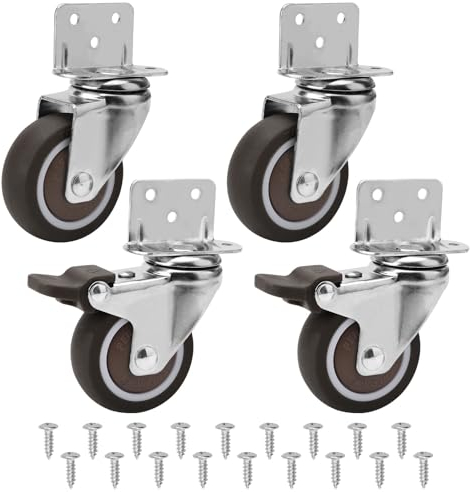 4 Pcs Ruote per Mobili 50MM, Ruote Girevoli Piastra di Montaggio a L Ruote in Gomma con Cuscinetti A Sfera e 10 Viti 360° Ruotabili per Supporti per Fiori e Culle Capacità 120kg(con 2 Freno)